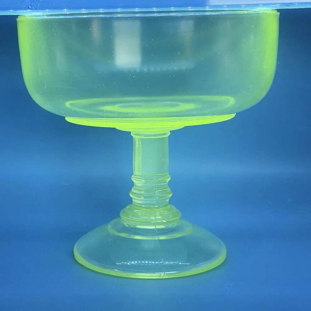 Vintage Clear Glass Pedestal Compote Bowl UV Reactive Green Glow 7.5”